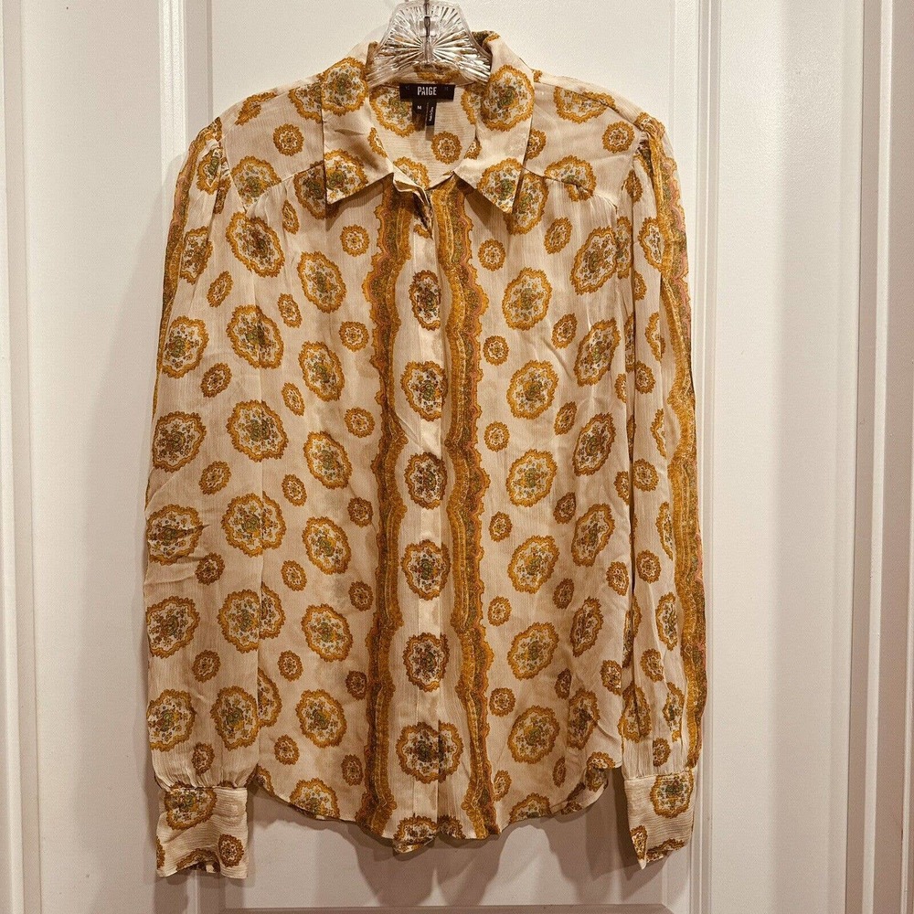 Paige Silk Medium Semi Sheer Button Blouse Top Long Sleeve Artsy Boho Collared